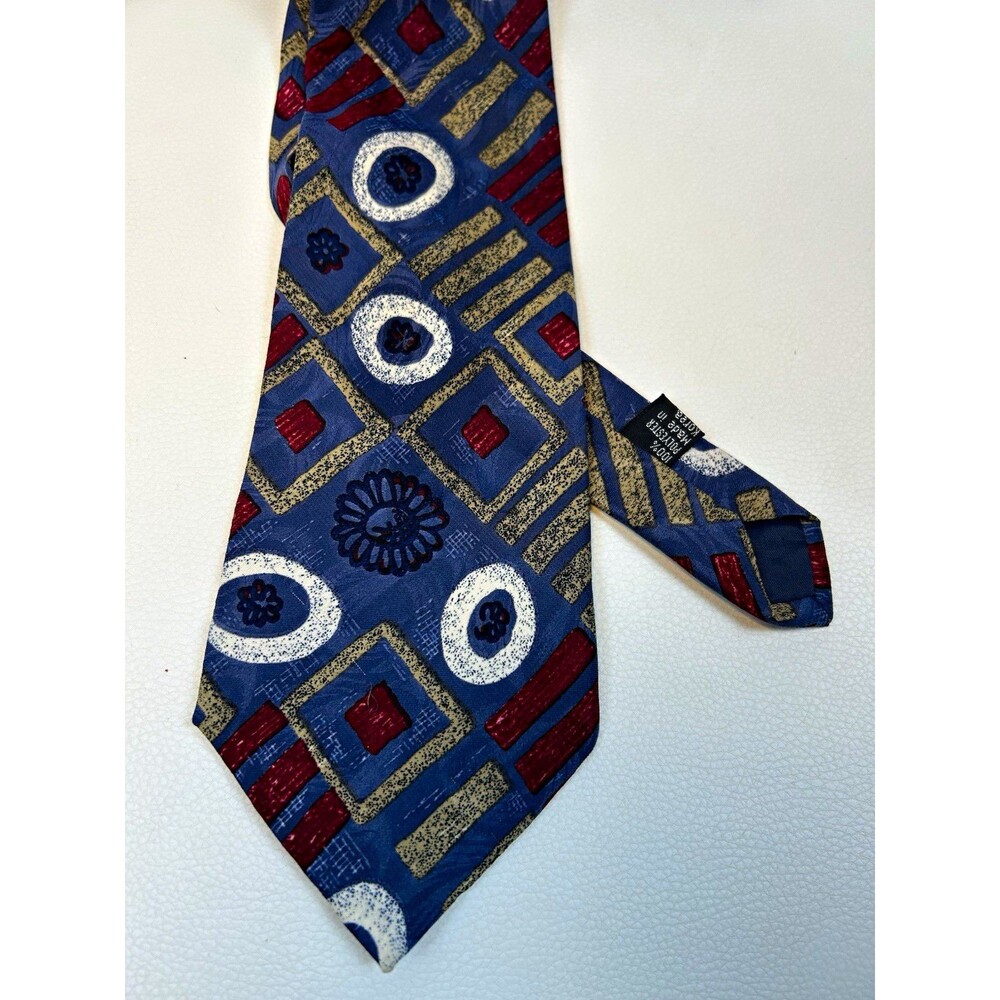 Vintage 80s 90s Woven Geometric Abstract Tie Blue Red Beige White Retro Art Deco